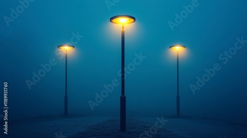 Three illuminated streetlights in dense fog at night. photo