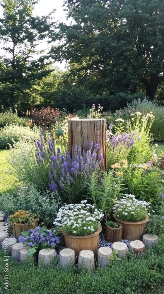 Fototapeta premium Vibrant Garden Scene with Flower Pots and Tree Stump in a Lush Park Setting
