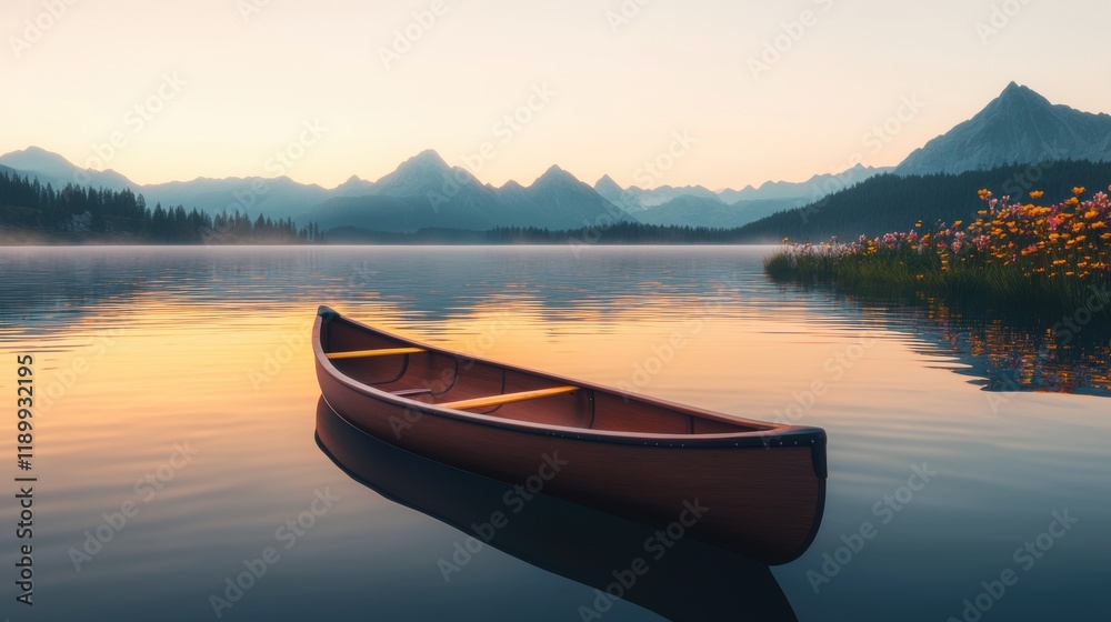 Serene Sunset Over Calm Lake with Canoe and Mountains in Background Serene Sunset Over Calm Lake with Canoe and Mountains in Background