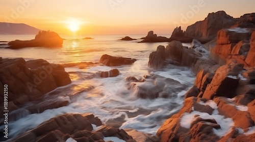 Sunrise Ocean Waves Crashing Against Rocky Coastline