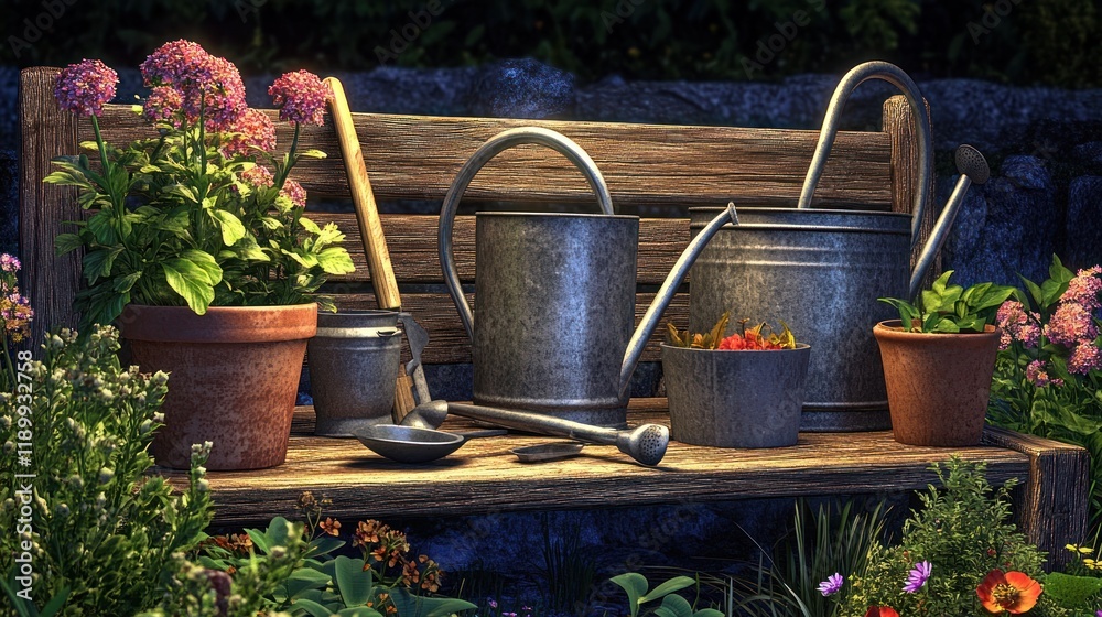 Rustic Garden Bench with Watering Cans and Potted Flowers in Bloom - Serene Outdoor Atmosphere