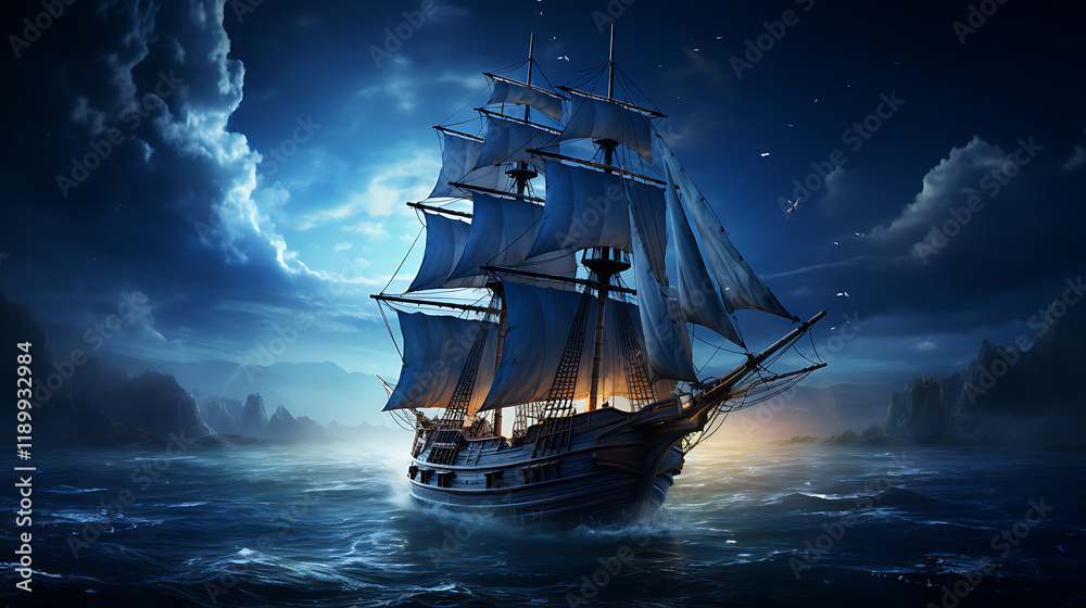 Fototapeta premium Night sailing, wallpaper, a large junk ship floating in the middle of the water at night.
