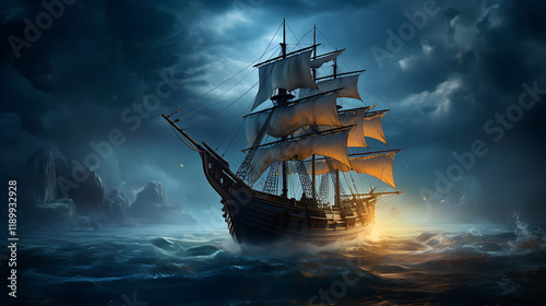 Night sailing, wallpaper, a large junk ship floating in the middle of the water at night.