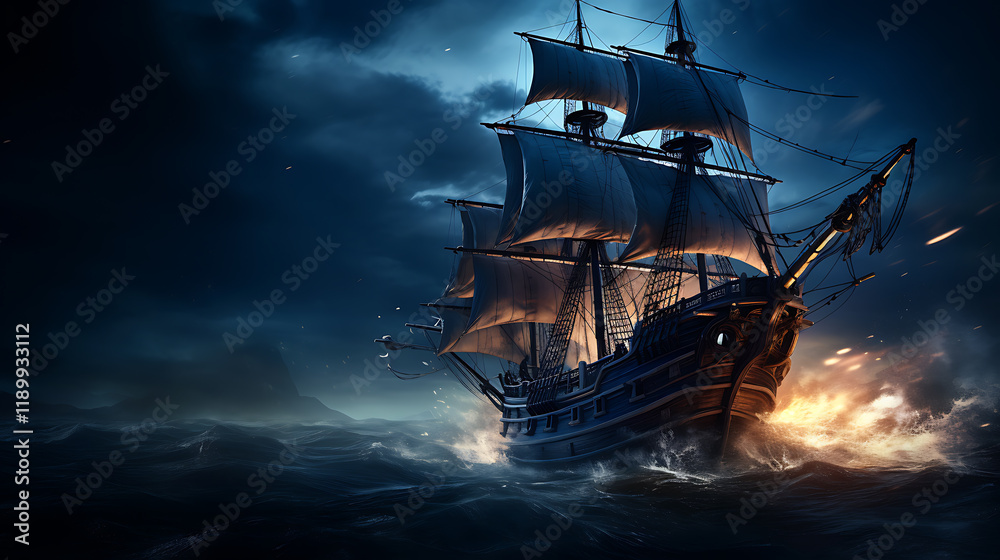 Naklejka premium Night sailing, wallpaper, a large junk ship floating in the middle of the water at night.