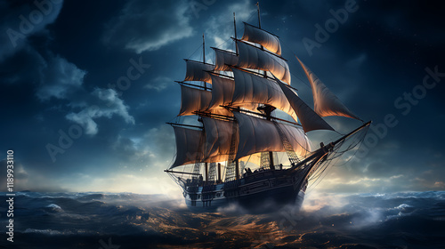 Night sailing, wallpaper, a large junk ship floating in the middle of the water at night.