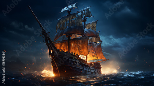 Night sailing, wallpaper, a large junk ship floating in the middle of the water at night.