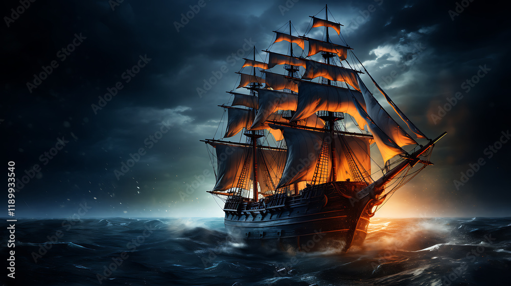 Obraz premium Night sailing, wallpaper, a large junk ship floating in the middle of the water at night.