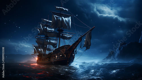 Night sailing, wallpaper, a large junk ship floating in the middle of the water at night.