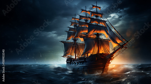 Night sailing, wallpaper, a large junk ship floating in the middle of the water at night.