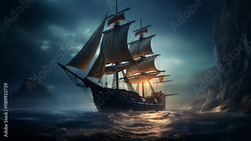 Night sailing, wallpaper, a large junk ship floating in the middle of the water at night.