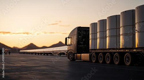 Logistics delivery optimization. Truck transporting cylindrical containers at sunset with mountains in the background.