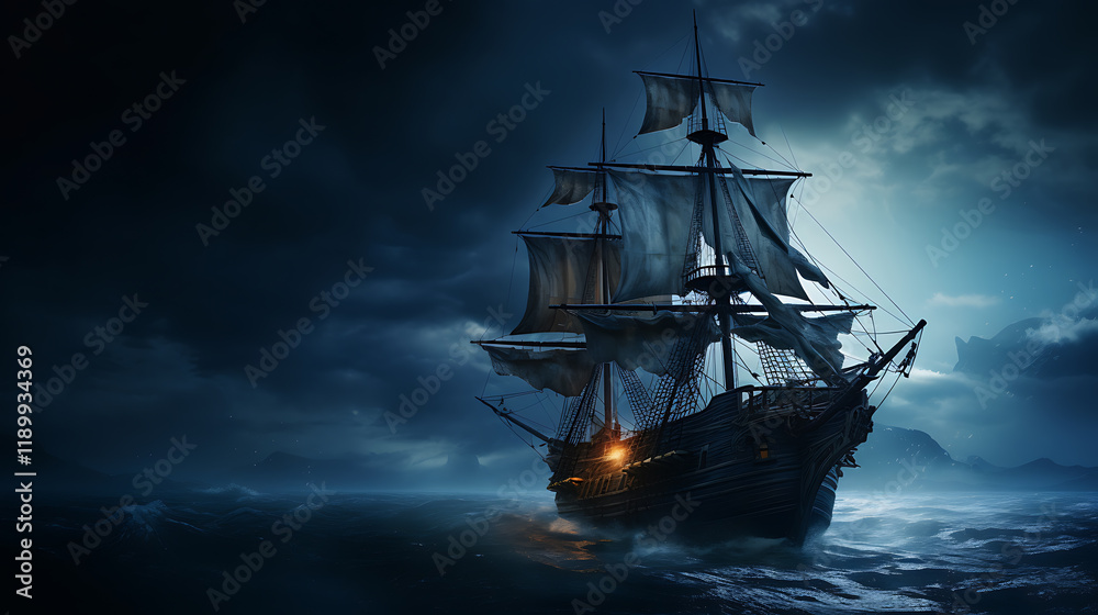 Fototapeta premium Night sailing, wallpaper, a large junk ship floating in the middle of the water at night.