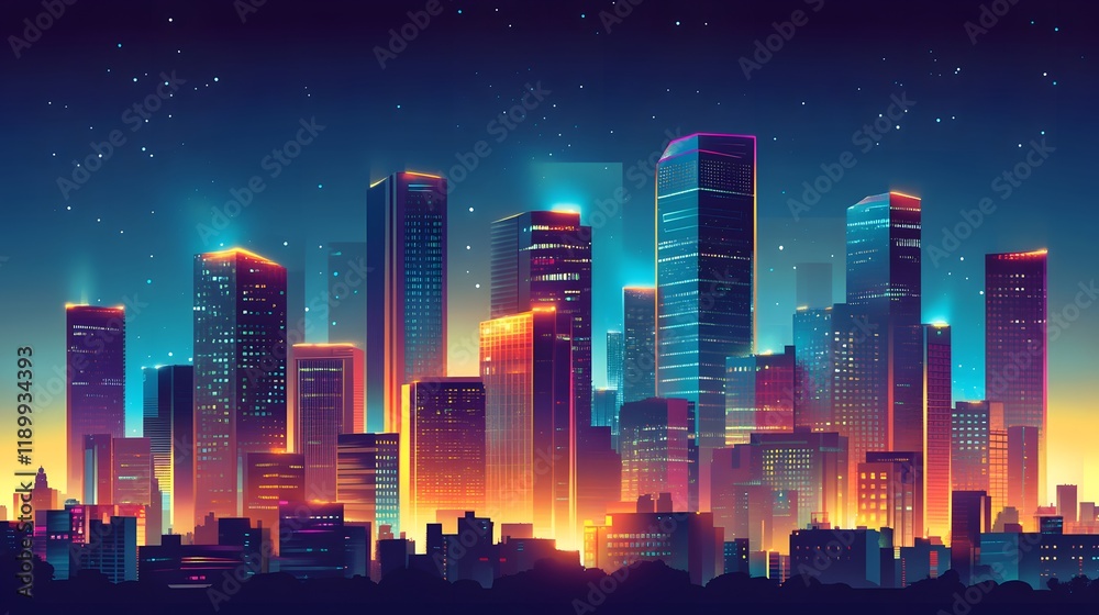 Vibrant Cityscape Illuminated at Night Under a Starry Sky