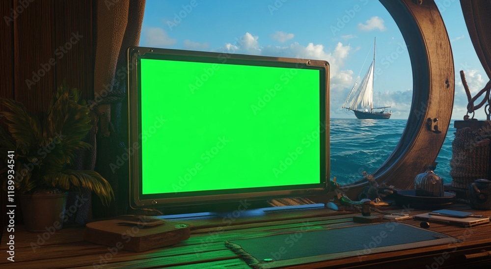 Fototapeta premium Green Screen Monitor on Ship at Sea
