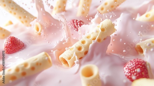 6.A playful arrangement of crispy wafer rolls and strawberry waffle sticks tumbling through a frothy splash of milk cream, rendered in hyper-realistic 3D detail.