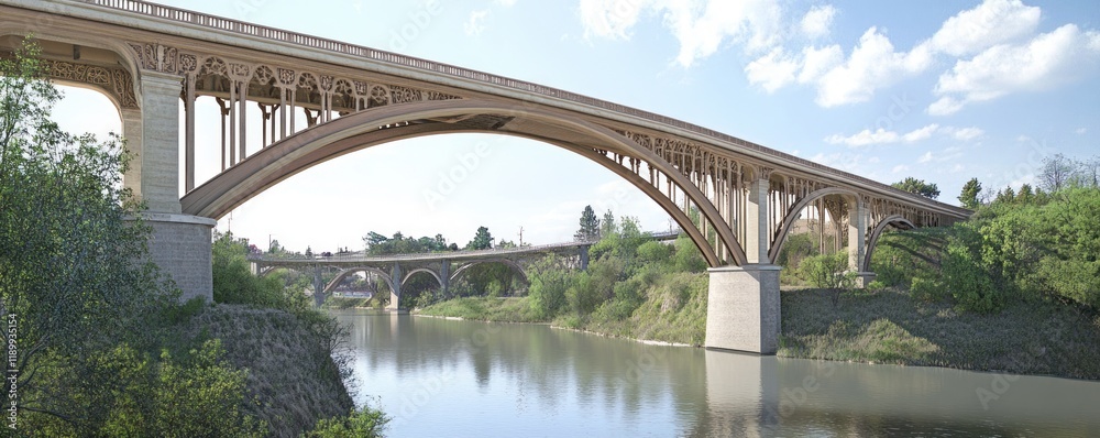Fototapeta premium Scenic View of Arched Bridges Over a River with Lush Greenery and Clear Sky