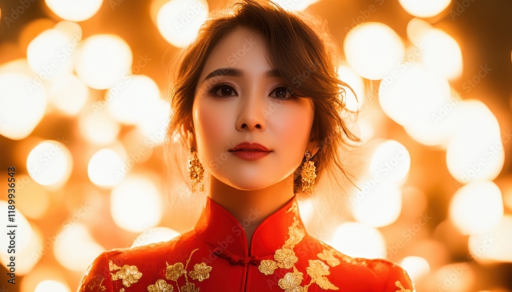 Fototapeta premium Elegant Woman in Red Traditional Chinese Dress Against a Warm Bokeh Background