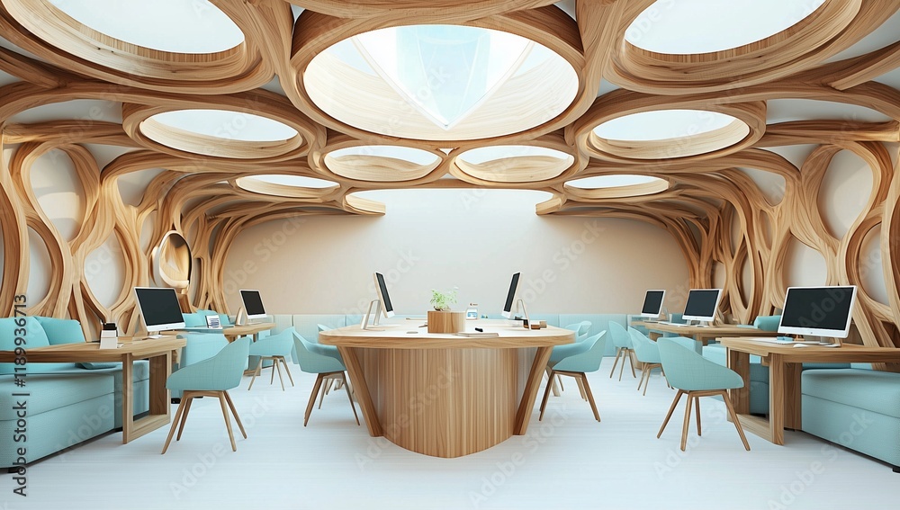 3D office model with circular wooden ceiling design and skylight.