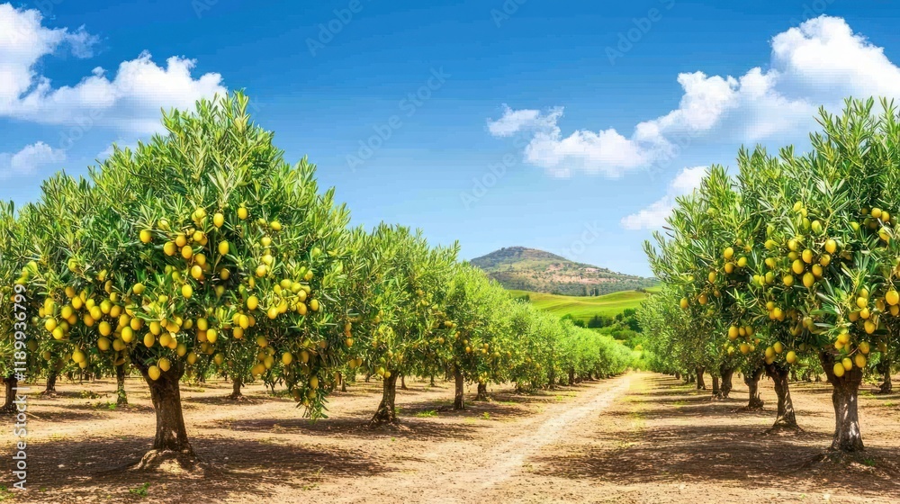 Sunny olive grove, ripe olives, hills background, idyllic landscape, food production Sunny olive grove, ripe olives, hills background, idyllic landscape, food production