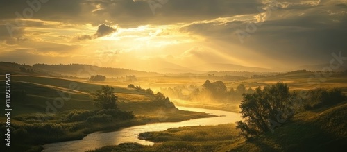Serene sunrise over a meandering river in a tranquil valley.