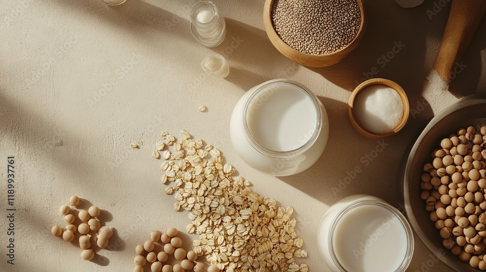 81.A flat-lay of alternative milk bottles, arranged with clusters of oatmeal and soybeans, styled against a neutral beige surface for a clean and natural look. 81.A flat-lay of alternative milk bottles, arranged with clusters of oatmeal and soybeans, styled against a neutral beige surface for a clean and natural look.