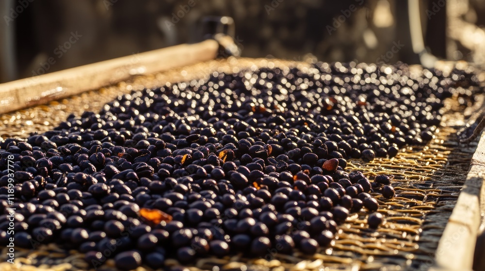 Fototapeta premium A close-up of freshly harvested coffee beans drying on a mesh surface.
