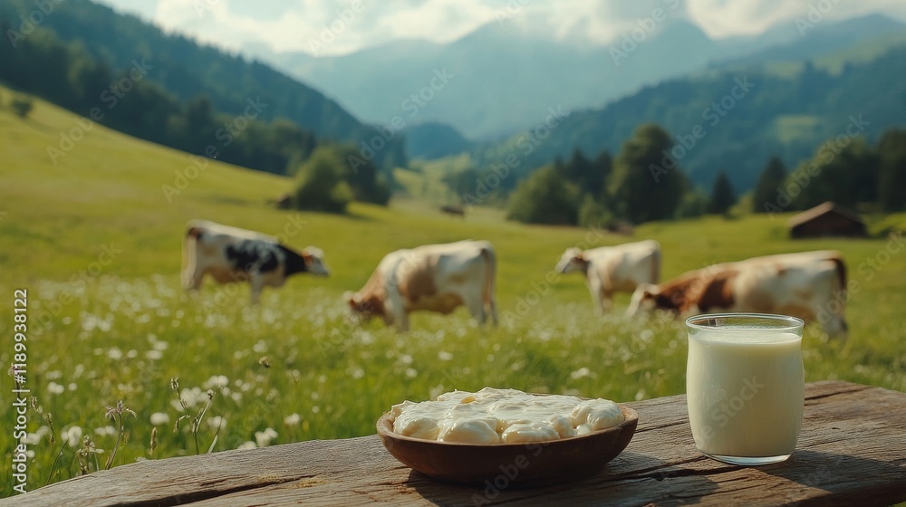 Fototapeta premium 91.Dairy Products on Wooden Table with Grazing Cows in Meadow