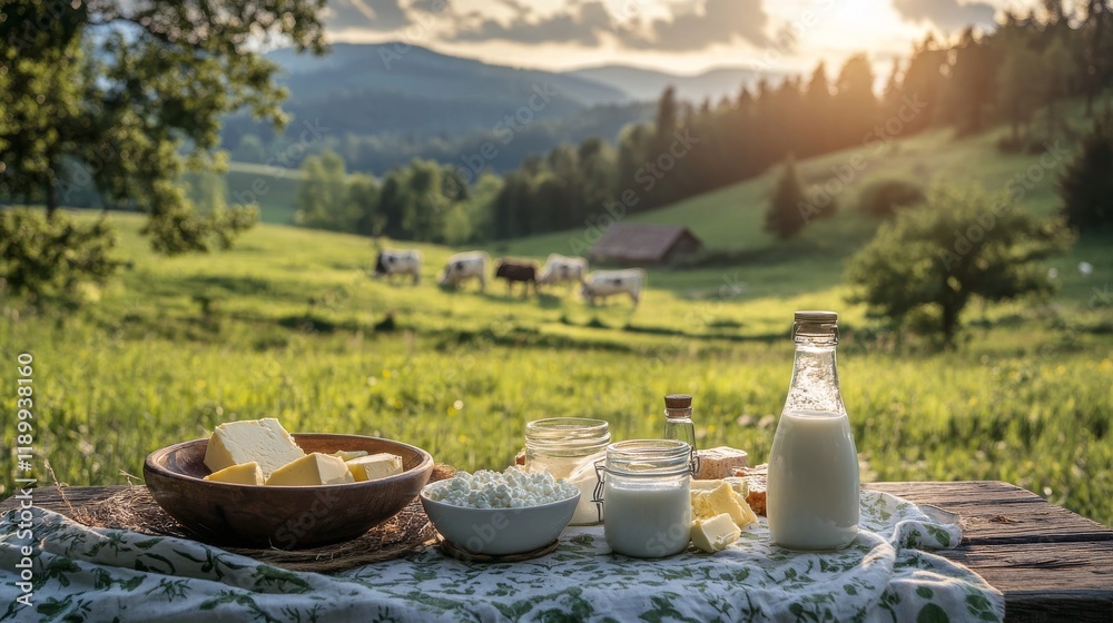 Fototapeta premium 92.A rustic wooden table filled with dairy products including a bottle of milk, a bowl of cottage cheese, a jar of yogurt, and a slab of butter, set against a lush green meadow with grazing cows in