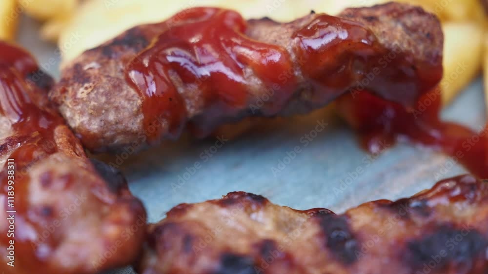 Grilled meat with ketchup and fries Grilled meat with ketchup and fries