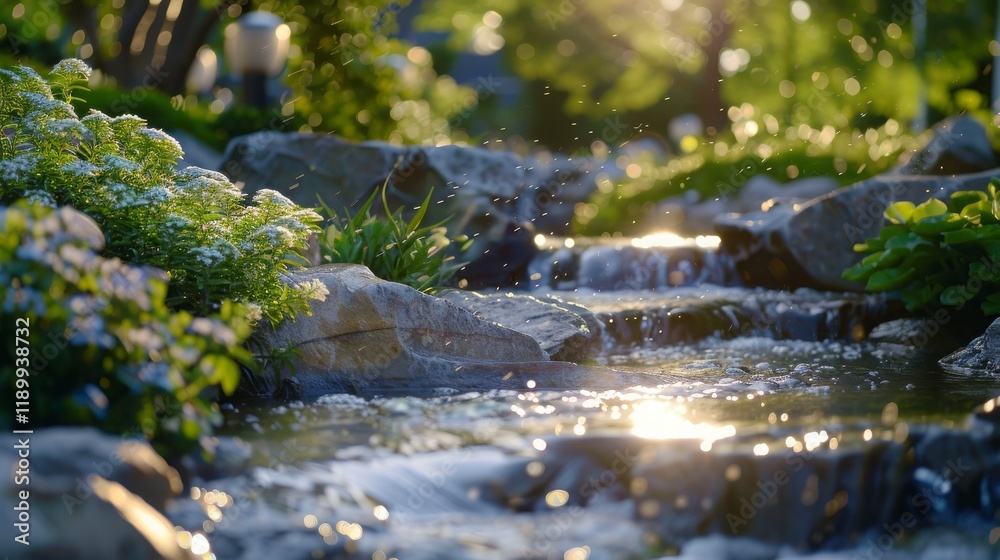 Tranquil Garden Stream Flowing Through Sunlit Rocks Surrounded by Lush Foliage and Delicate Flowers in a Peaceful Nature Setting Tranquil Garden Stream Flowing Through Sunlit Rocks Surrounded by Lush Foliage and Delicate Flowers in a Peaceful Nature Setting