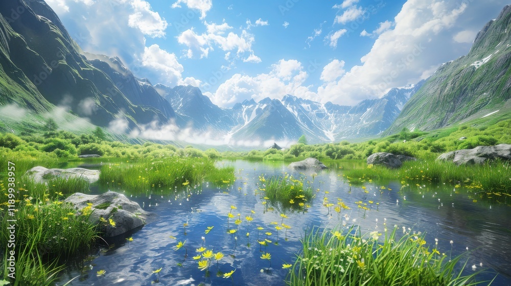 Fototapeta premium Serene Mountain Landscape with Lush Green Grass, Sparkling Water, and Majestic Rocky Peaks Under Bright Blue Sky and Fluffy White Clouds
