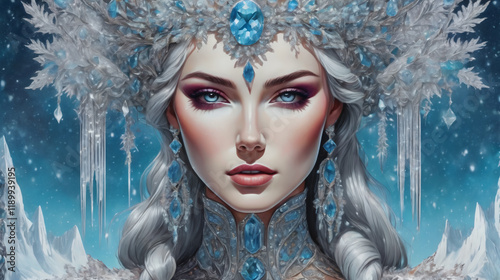 illustrated portrait of an ice queen wearing a frozen crown and surrounded by a snowy frozen landscape