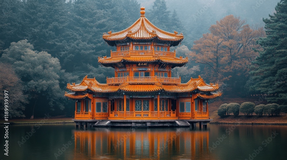 Fototapeta premium Autumn Pagoda Lake Reflection Misty Forest