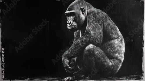 Gorilla sitting against a dark background. Possible use educational material photo