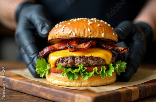 Close-up of hands in black gloves holding delicious, juicy burger with cheese and fresh toppings. Fast food. Concept of fast food, not healthy food