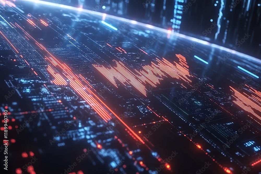 Fototapeta premium An AIgenerated world business chart with stock market and forex data, glowing lines and economic trends displayed in a sleek, futuristic digital design