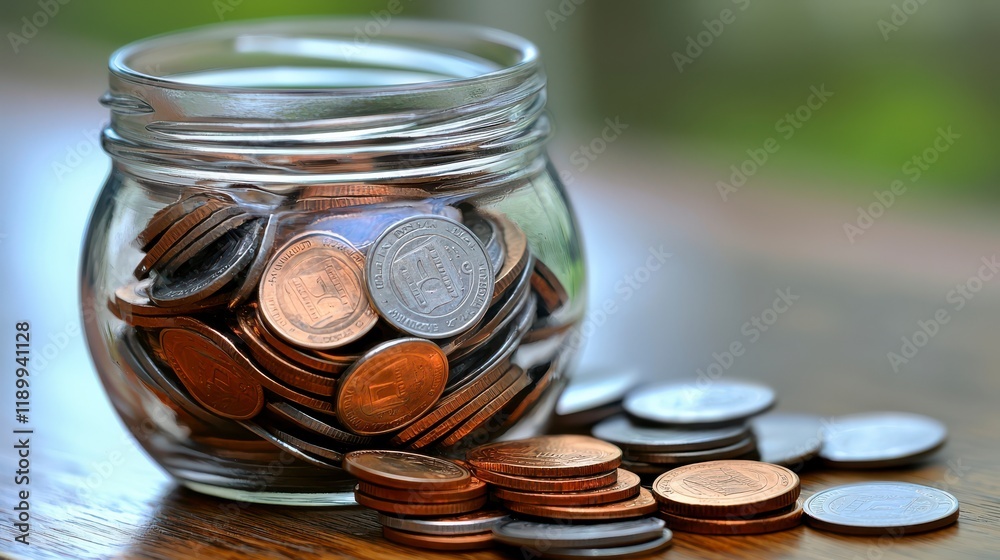 A glass jar filled with assorted coins, some spilling out, set against a blurred green background. A glass jar filled with assorted coins, some spilling out, set against a blurred green background.