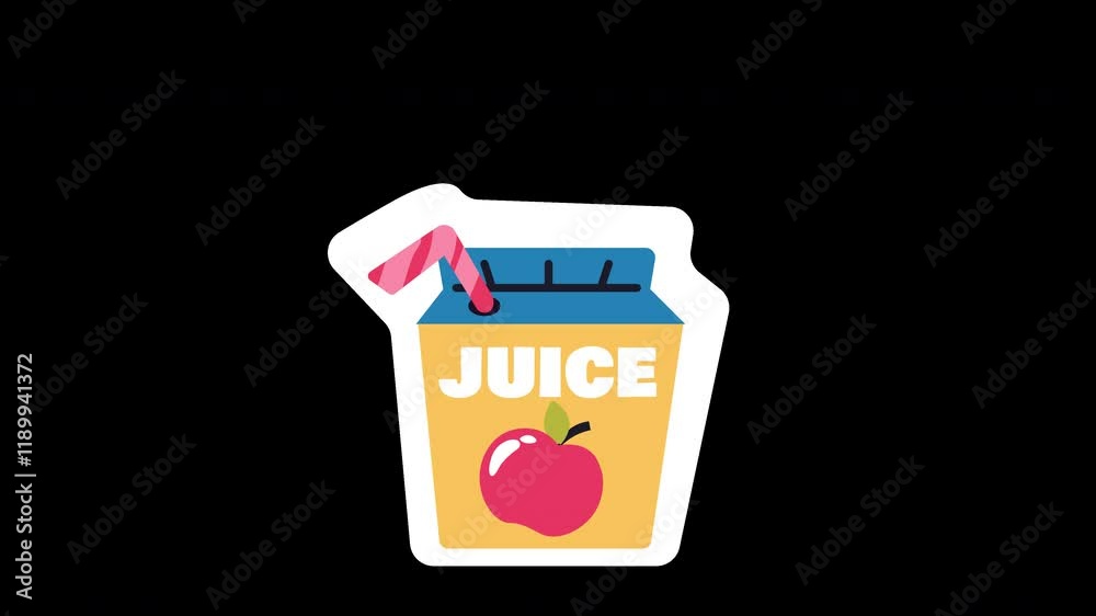 A cartoon juice box with an apple illustration and a straw, set on a plain background.