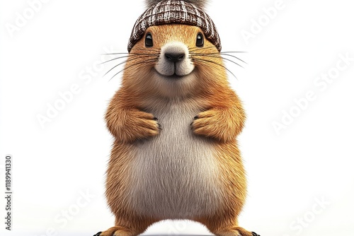 A cheerful groundhog stands confidently with its forepaws tucked in, wearing a knitted hat, ready to celebrate Groundhog Day amid a winter backdrop