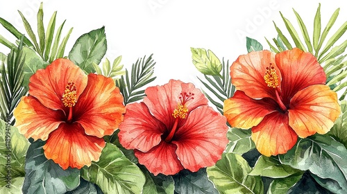 Vibrant Watercolor Hibiscus Flowers with Tropical Leaves - Stunning Botanical Art