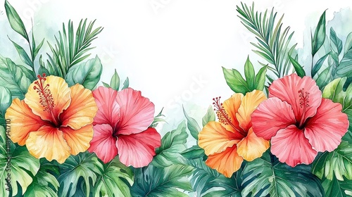 Elegant Watercolor Hibiscus Flowers with Lush Tropical Leaves - Stunning Floral Art