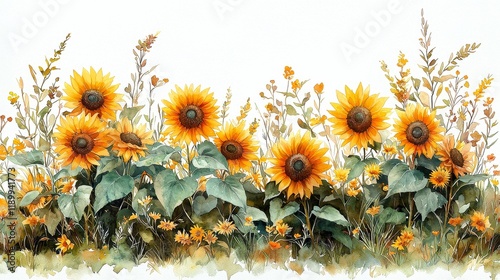 Bright Watercolor Sunflowers in a Lush Wildflower Field - Captivating Botanical Artwork
