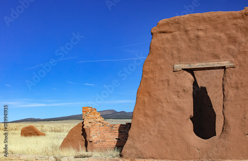 Adobe and brick ruins of old Fort Union National Monument New Mexico in the northern plains landscape, USA 