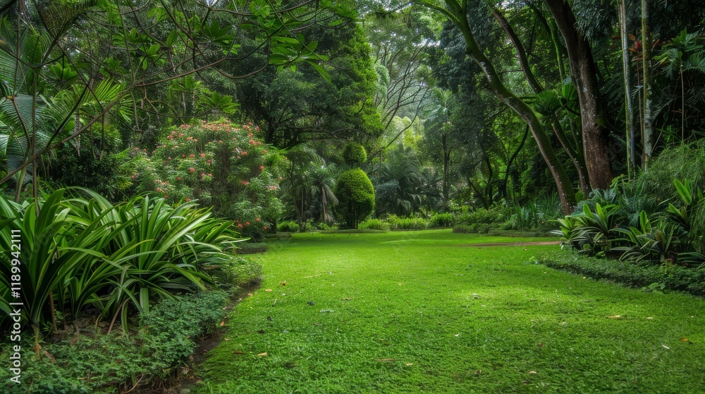 Tranquil Lush Green Garden Scene Surrounded by Dense Trees and Vibrant Foliage in a Peaceful Natural Sanctuary for Relaxation and Reflection Tranquil Lush Green Garden Scene Surrounded by Dense Trees and Vibrant Foliage in a Peaceful Natural Sanctuary for Relaxation and Reflection