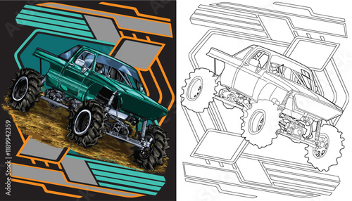Outline green truck splash isolated on a black background for t-shirt design, print, and business purposes.