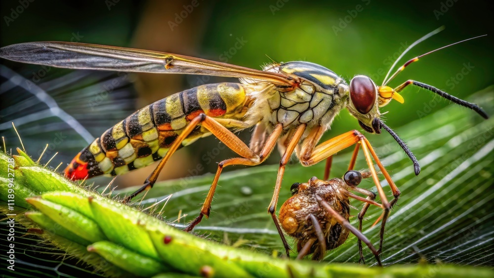 Naklejka premium Scorpion Fly Panorpa Communis Feeding Crane Fly Spiderweb Macro Photography