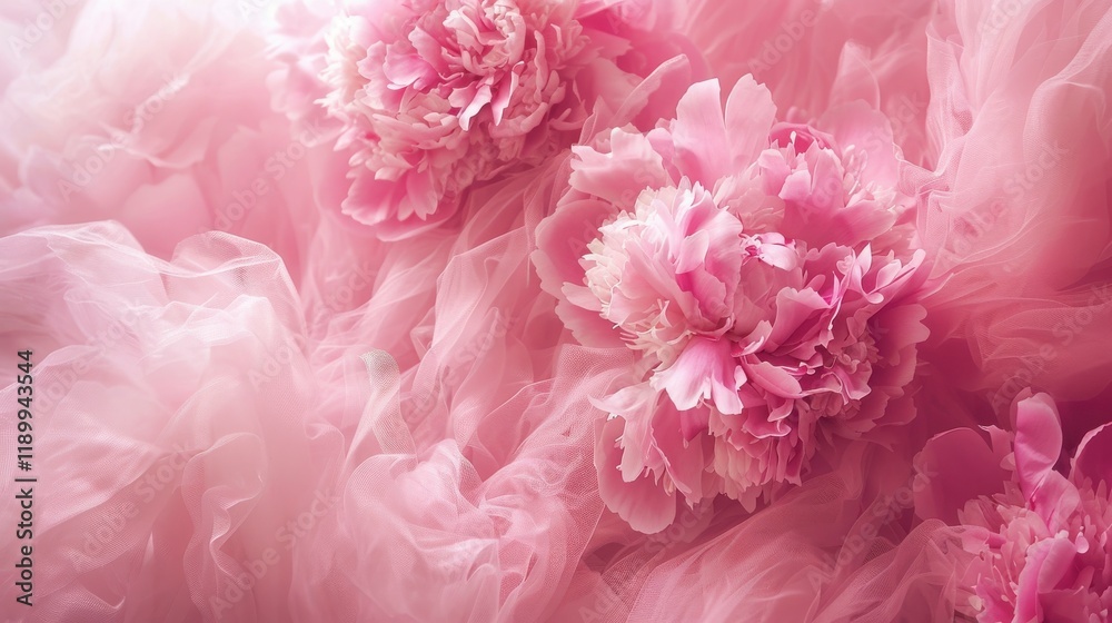 Delicate Pink Peony Flowers Surrounded by Soft Tulle Fabric, Creating a Dreamy and Romantic Atmosphere Perfect for Floral Arrangements or Event Decorations Delicate Pink Peony Flowers Surrounded by Soft Tulle Fabric, Creating a Dreamy and Romantic Atmosphere Perfect for Floral Arrangements or Event Decorations