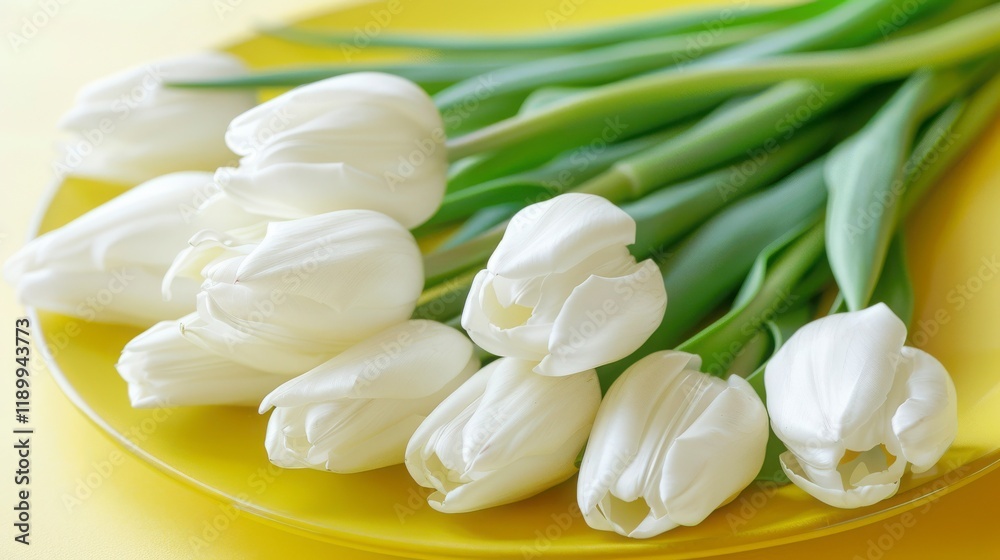 Fototapeta premium Elegant Arrangement of White Tulips on a Bright Yellow Plate with Fresh Green Stems for a Vibrant Floral Display and Spring Inspiration