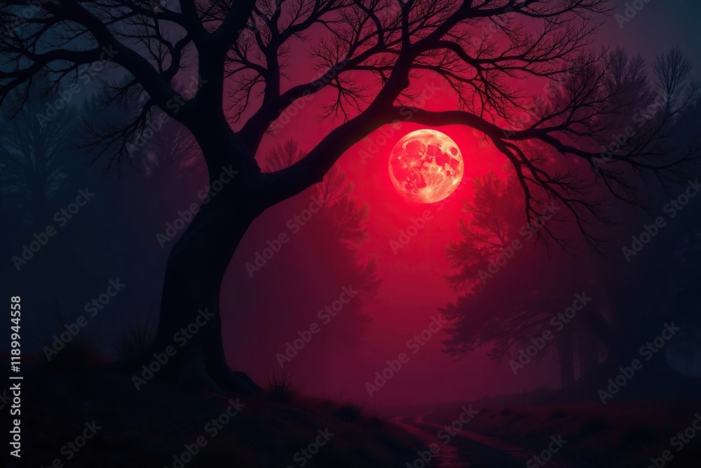 Red glow casts an eerie light on twisted tree limbs, spooky, light, dark Red glow casts an eerie light on twisted tree limbs, spooky, light, dark