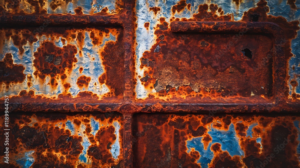 Closeup of heavily rusted metal plate with a grid pattern. Shows significant corrosion and remnants of old blue paint. Textured and grungy. Closeup of heavily rusted metal plate with a grid pattern. Shows significant corrosion and remnants of old blue paint. Textured and grungy.